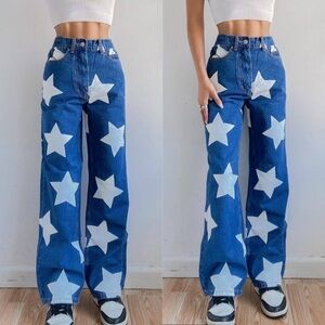 BDG Wide Leg High Rise Star Print Jeans Blue White Patriotic America Sz 31